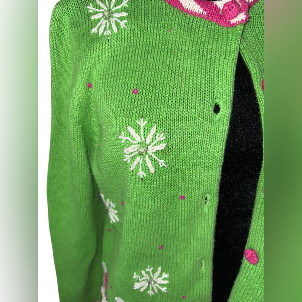 Heirloom Collectibles Vintage Tacky Christmas Santa Cardigan Green & Pink - Picture 7 of 10